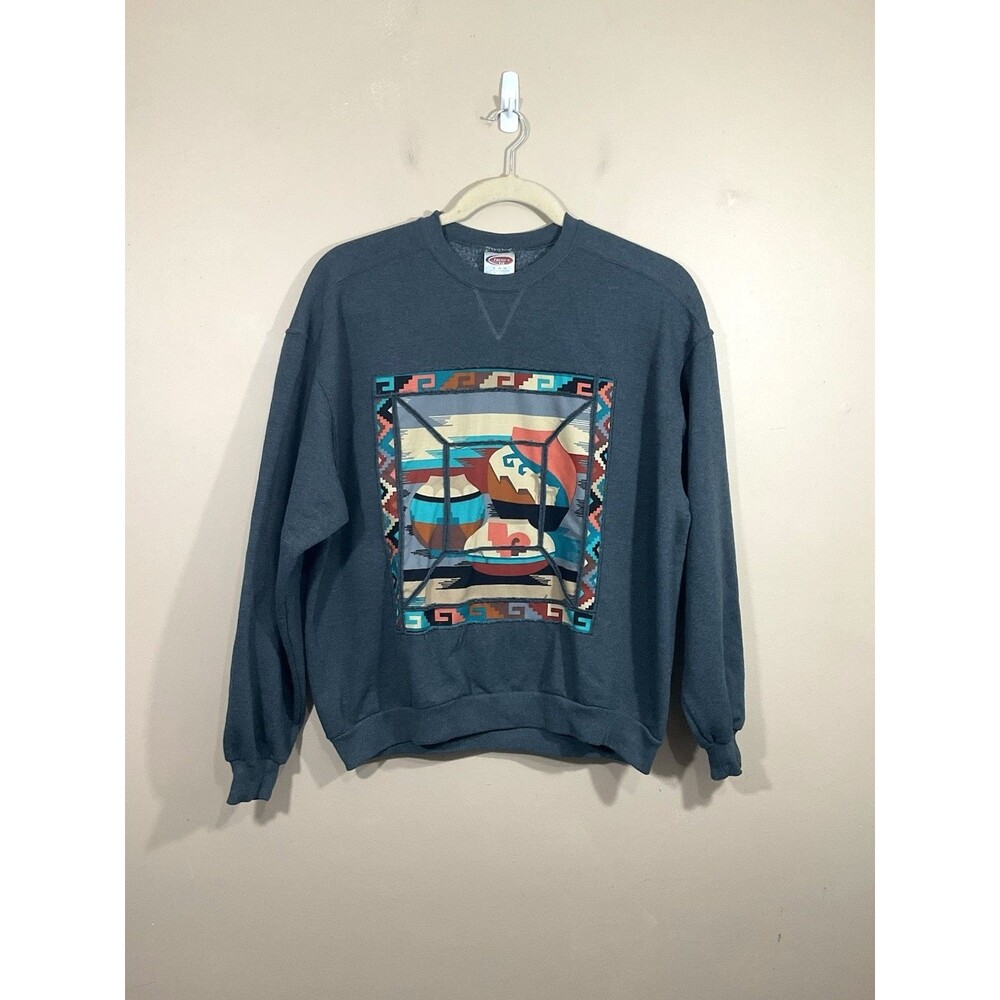 Vintage Jerzees Southwestern Pottery Sweatshirt XL Gray Western Y2K Art to Wear